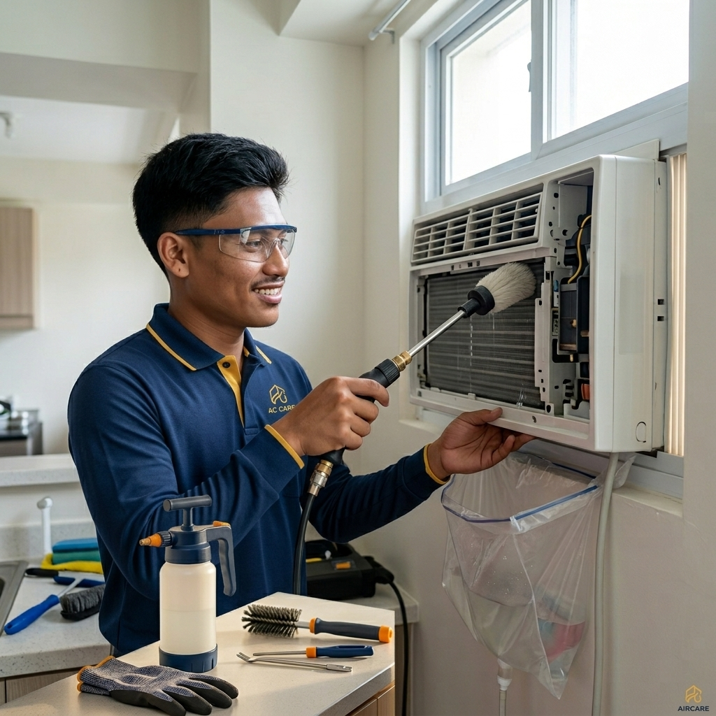 Inigo Aircon technician deep cleaning AC unit